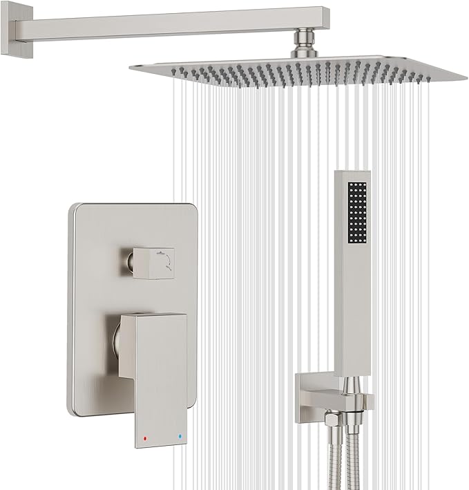 Gabrylly Shower System, Rainfall Shower Faucet Set Complete, 12" High-Pressure Stainless Steel Rain Showerhead with handheld Spray Combo, 2 Way Valve Included, Brushed Nickel
