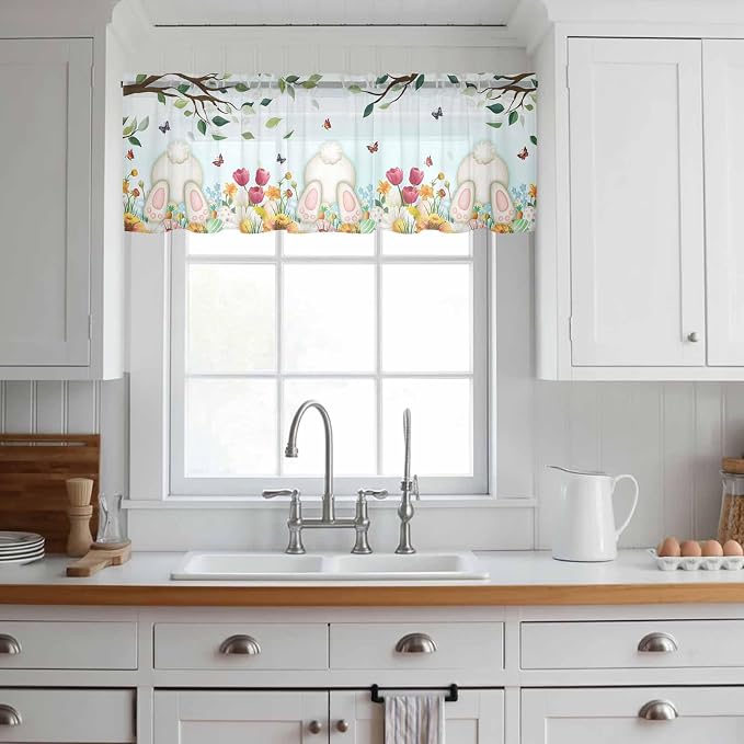 Easter Sheer Valances for Windows 54"x18", Light Filtering Kitchen Curtains - Image 3