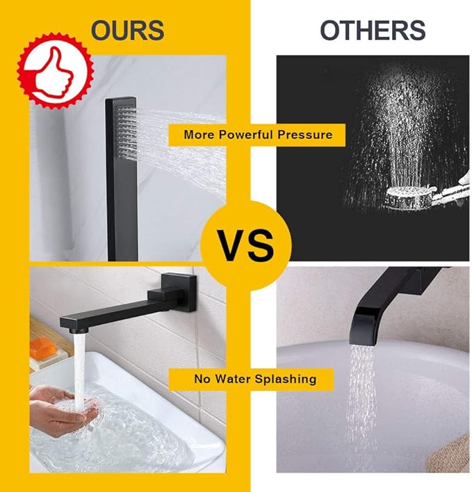 Wall Mounted Bathtub Faucet with Handheld Shower, Solid Brass 180° Swivel Bathroom Tub Filler Faucet with Hand Shower Modern Single Handle Tub Faucet Set, Matte Black