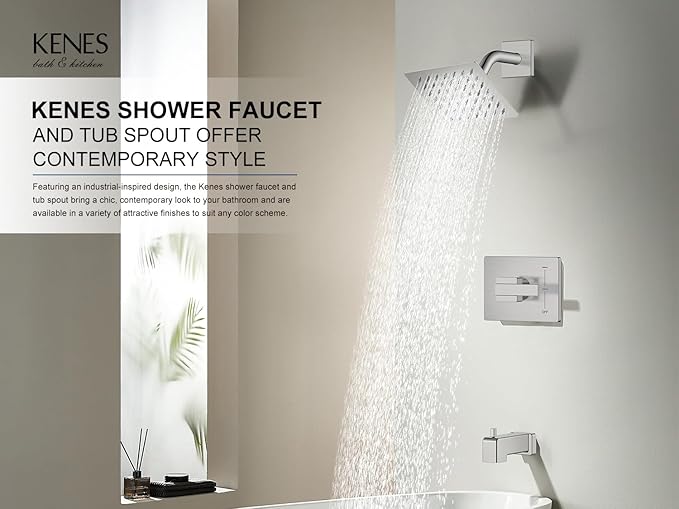 KENES Tub Shower Faucet Set Complete, Brushed Nickel Tub and Shower Trim Kit with 6-Inch Rain Shower Head, Square Shower System, KE-6025A (Shower Valve Included)