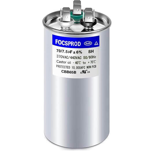 FOCSPROD 70+7.5 uF 75/7.5 MFD ±6% 370V/440V CBB65B AC Capacitor, Dual Run Round by FOCSPROD