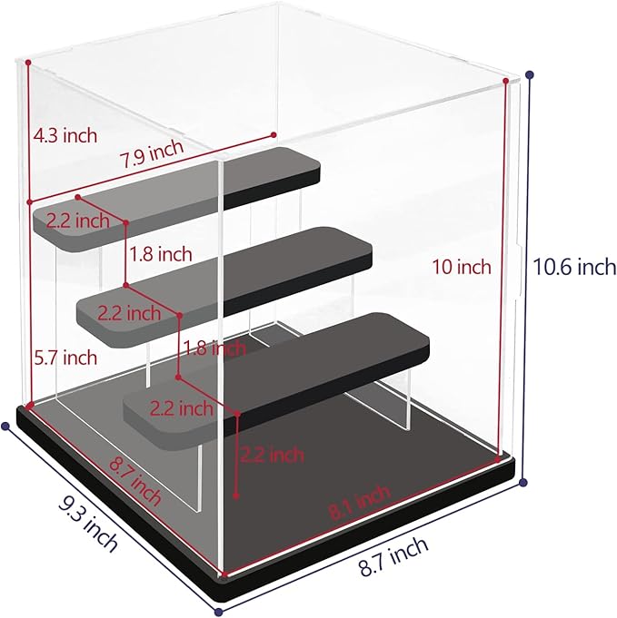 Choowin 4 Tier Small Clear Acrylic Display Case for Collectibles, Mini Figures, Pop Mart, Labubu, Sonny Angel, Smiski - Assemble Dustproof Acrylic Display Box with Door, Stand (Black Base Step)