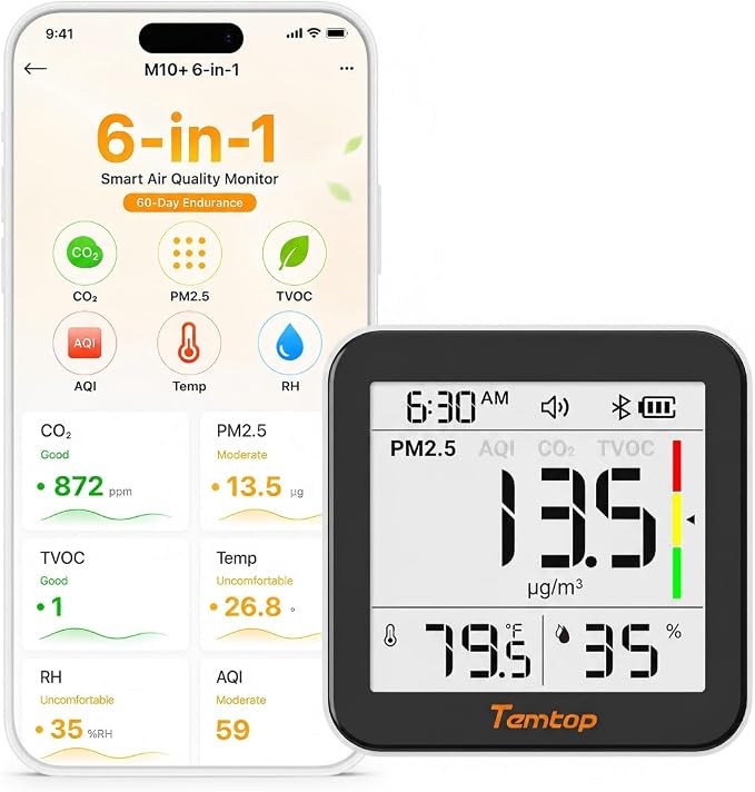 Temtop M10+ 6-in-1 CO2 Meter & Indoor Air Quality Monitor | PM2.5, E-Ink Display by Temtop