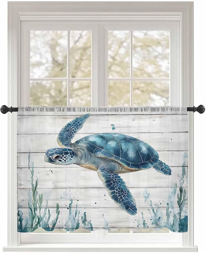 Sheer Curtains 54 Inch Length, Teal Green Ocean Turtle Semi Sheer Curtains by Unknown