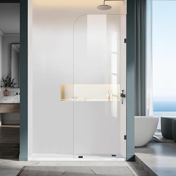 Frameless Shower Door, 26" W ×78" H Fixed Shower Glass Panel with Clamps, 3/8" (10mm) Glass Shower Doors, Clear Tempered Bathroom Shower Panel in Matte Black