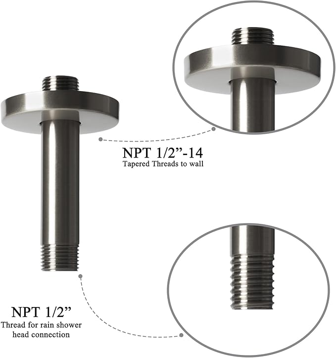 4 Inch Shower Arm with Flange, Ceiling Mounted Shower Head Extension Arm, 1/2 NPT Straight Arm for Rain Shower Head, Stainless Steel Shower Head Extension Replacement Pipe Arm, Brushed Nickel