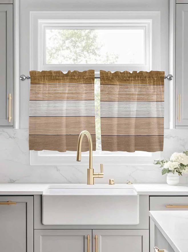 Retro Farm Wood Board Window Valance Curtains, 2 Panel - Image 2