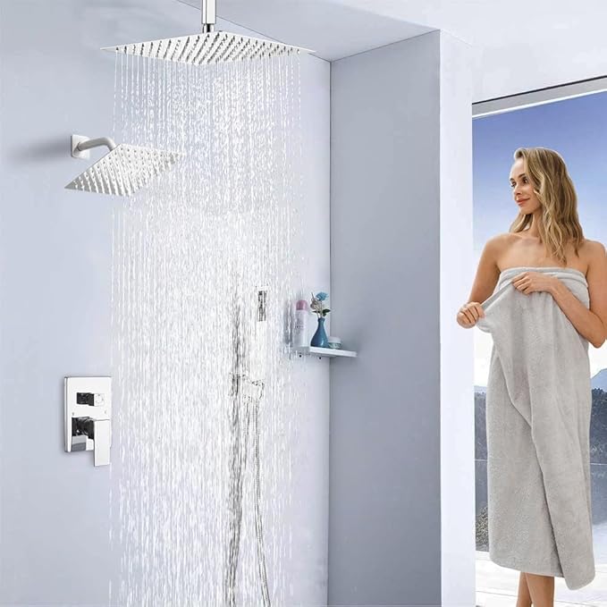 Shower Faucet Set Polished Chrome Shower System, Knob Switch Diverter Shower Faucet with High Pressure Handheld Spray, Ceiling Mount 10 Inch Shower Head with 6 Inch Wall Mount Shower Head