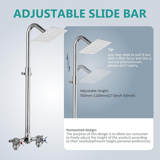 Aolemi Outdoor Shower Kit Fixtures 6 Inch Center with Adjustable Slide Bar,6 Inch Showerhead,2-Handle with Mix Valve,Brushed Nickel