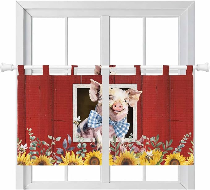 Pig Sunflowers Kitchen Curtains 24 Inch Length, Small Window Curtains Tab Top by Unknown