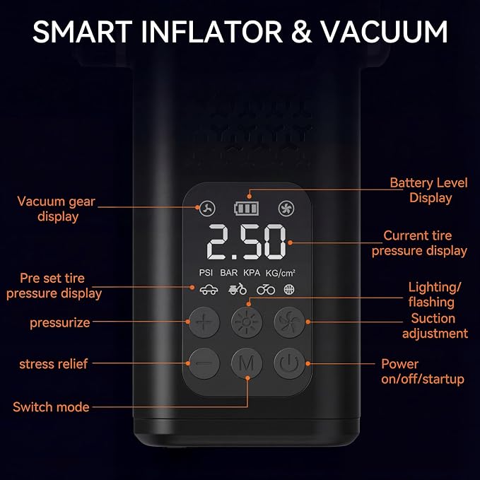 5-in-1 Portable Tire Inflator and Car Vacuum Cordless, 150PSI Smart Air - Image 3