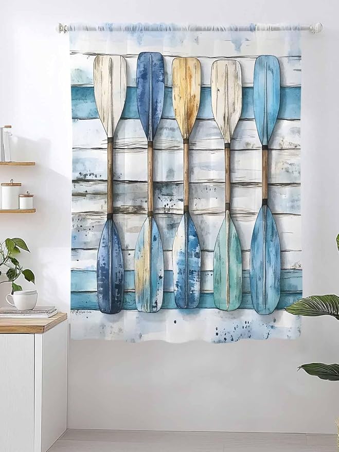 Sheer Curtains 72 Inches Long, Lake Paddle Striped Semi Sheer Curtains Light - Image 2