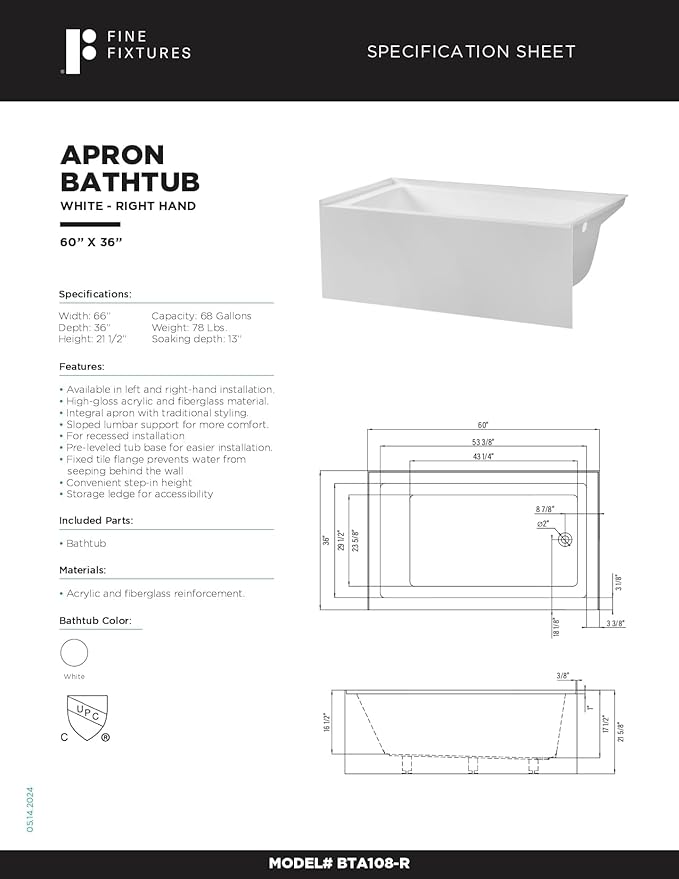 Fine Fixtures Acrylic, Fiberglass Alcove Soaking Bathtub with Integral Apron Front in Glossy White - Right Hand Drain, 60" x 36"