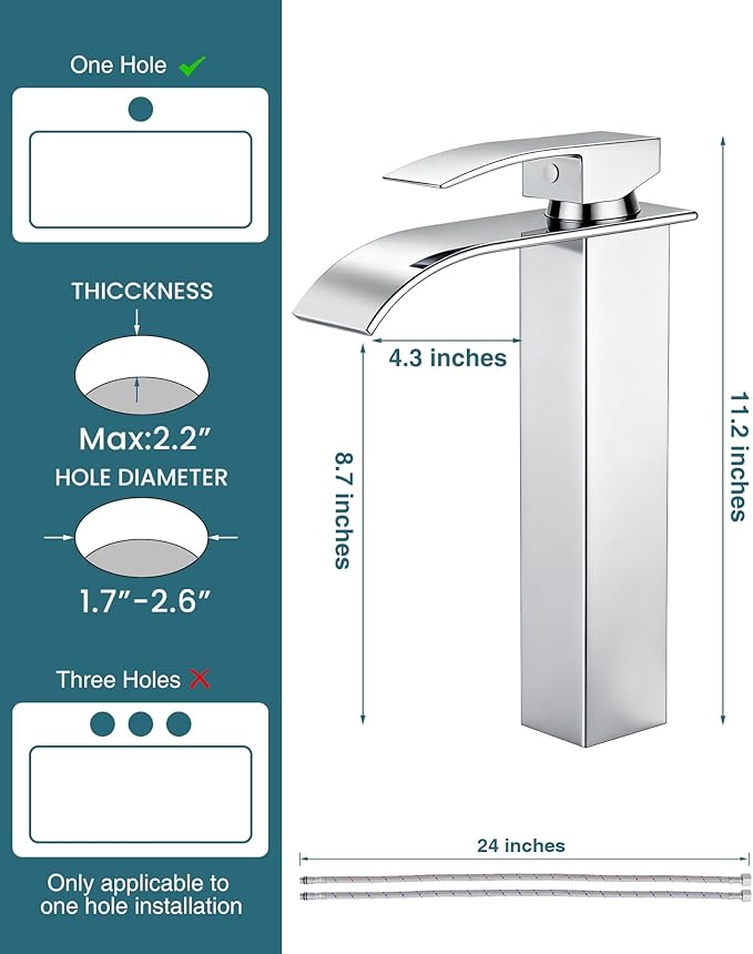 LIFG Chrome Vessel Sink Faucet, Tall Waterfall Bathroom Faucet, Single Handle One Hole Mixer Bowl Tap with Large Rectangular Spout, Bar Sink Faucet Lavatory Vanity