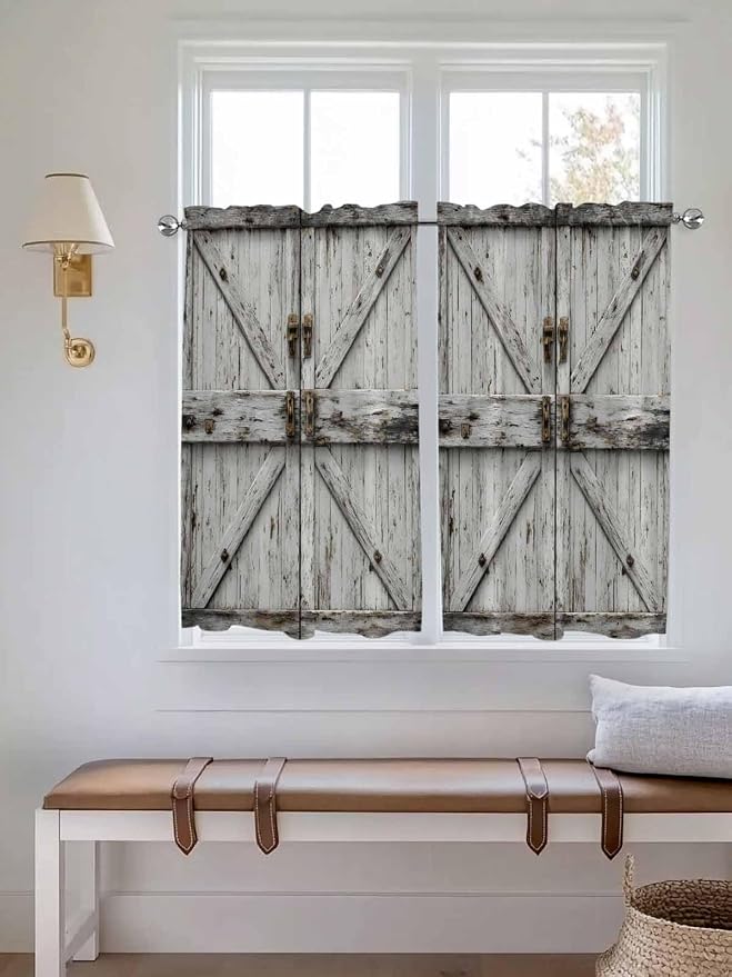 Vintage Gate Kitchen Curtains 45 Inches length, Farmhouse Wooden Grain Shabby - Image 4
