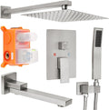 12 inch Square Shower Head and Handheld Set, Gasecoet Shower System with Tub Spout Wall Mounted Shower Faucet for Bathroom - Brushed Nickel (With Shower Valve)