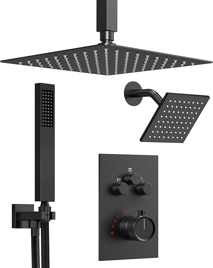 Thermostatic Shower System, Dual Rainfall Shower Heads for Ceilling & Wall Mounted with Handheld Sprayer, Matte Black
