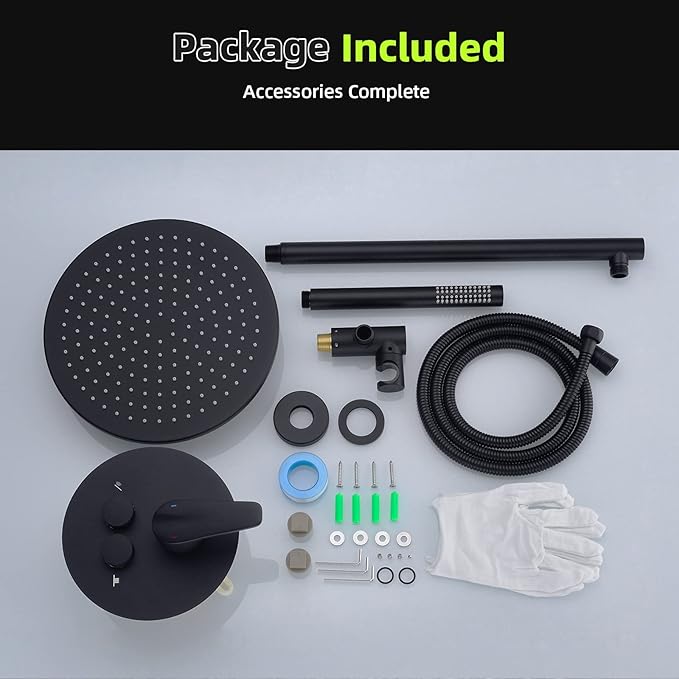TRUSTMI 10 Inch Matte Black Shower System Push Button Diverter Wall Mounted Round Rainfall and Handheld Shower Trim Kit with Valve (Pressure Balance)