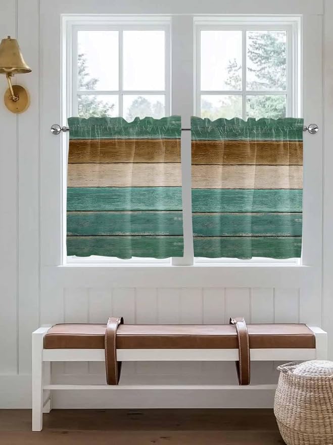 Vintage Plank Turquoise Brown Window Valance Curtains, Farmhouse Wood Grain by IDOWMAT