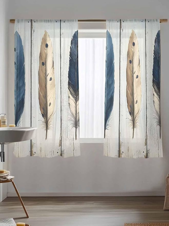 Sheer Curtains 63 Inch Length, Farmhouse Feather Semi Sheer Curtains Light - Image 5
