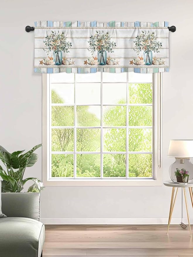 Kitchen Valances for Window, Ocean Starfish Conch Shell Eucalyptus Light by Unknown