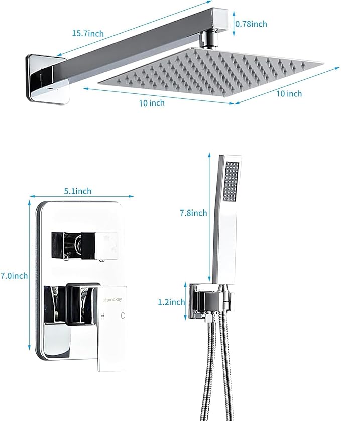 8 Inch Polished Chrome Shower Faucet Set with Rain Shower Head and Handheld Spray, Wall Mounted Rainfall Shower Head with Handheld Combo, Bathroom luxury Shower System with Valve and Trim
