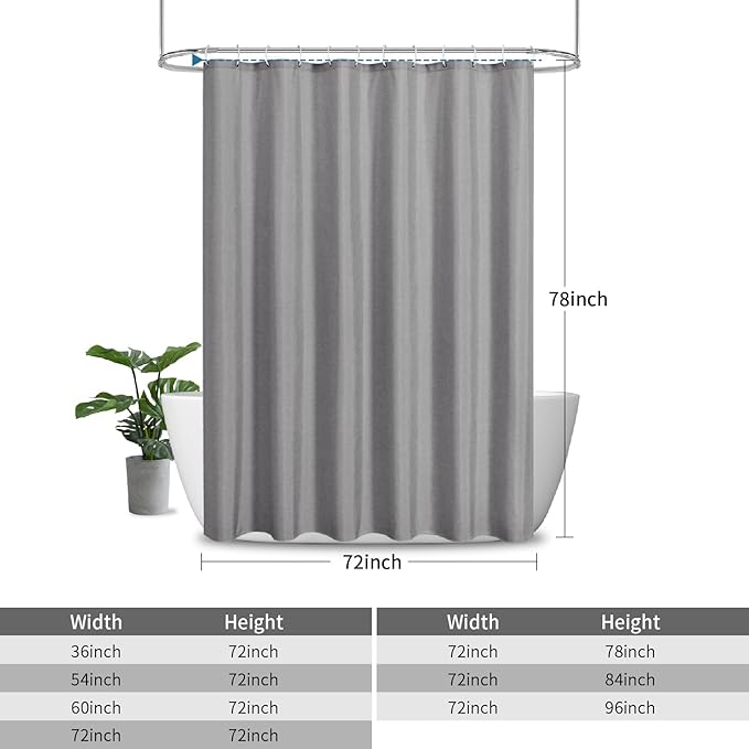 2-in-1 Waterproof Long Fabric Shower Curtain or Liner,Linen Textured,78 Inch Breathable TPU & Washable Bathroom Shower Curtain Set with 12 Plastic Hooks,Modern,72"x78" Grey