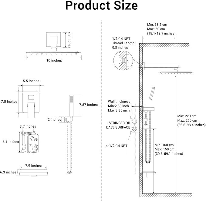 Rain Shower Faucet Set Wall Mounted Rainfall with Tub Spout Shower Head System Rough-in Valve Body and Trim Included Chrome (10 Inches)