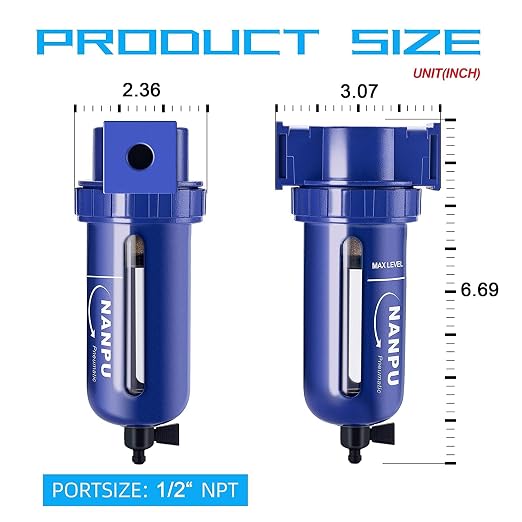 NANPU 1/2" NPT Compressed Air Filter, Zinc Alloy, 5 Micron Brass Element - Image 3