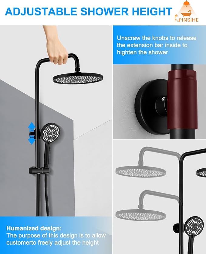 Outdoor Shower Fixture, Black Exposed Shower System with Tub Spout, Dial Thermometer Brass Valve, Wall Mount Outside Shower Faucet Combo with 10'' Rainfall Shower Head for Bath Backyard