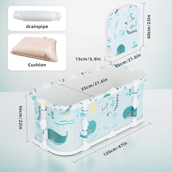 Portable Bathtub, 47“ Foldable Bathtub-Installation Free, 7 Layers Thicken with Metal Support, Therapy Tub for Shower Stall Fold Up Soaking Bath Tub, Hot SPA, Ice (Wonder Ocean EA6)