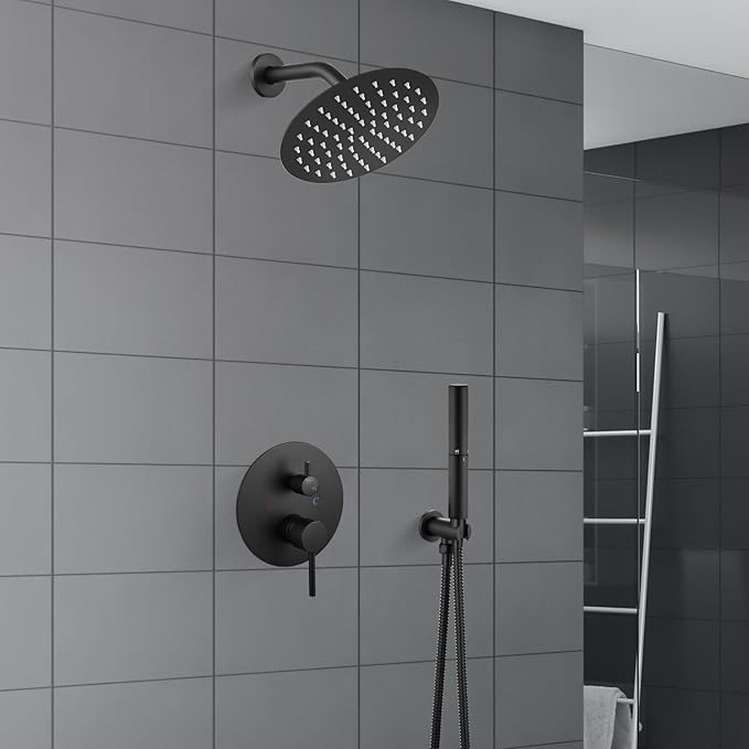Airuida Shower Fixtures 2 Functions Shower Faucet Set Wall Mounted for Bathroom High Pressure Brass Handheld Shower with Rough-in Valve Round Rainfall 8 Inch Shower Head Matte Black