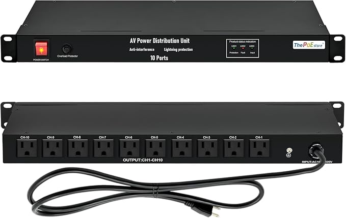 10 NEMA 5-15R Outlet Surge Protector PDU, 120V 15A 3600J 10KA, 1U Rack Mount by ThePoEstore
