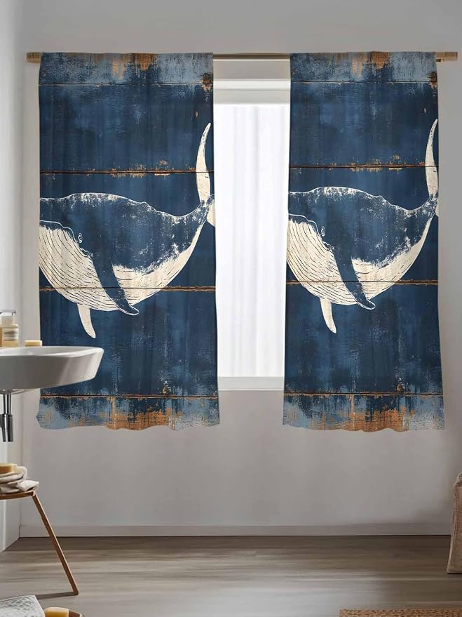 Sheer Curtains 63 Inch Length, Summer Whale Blue Semi Sheer Curtains Light - Image 5