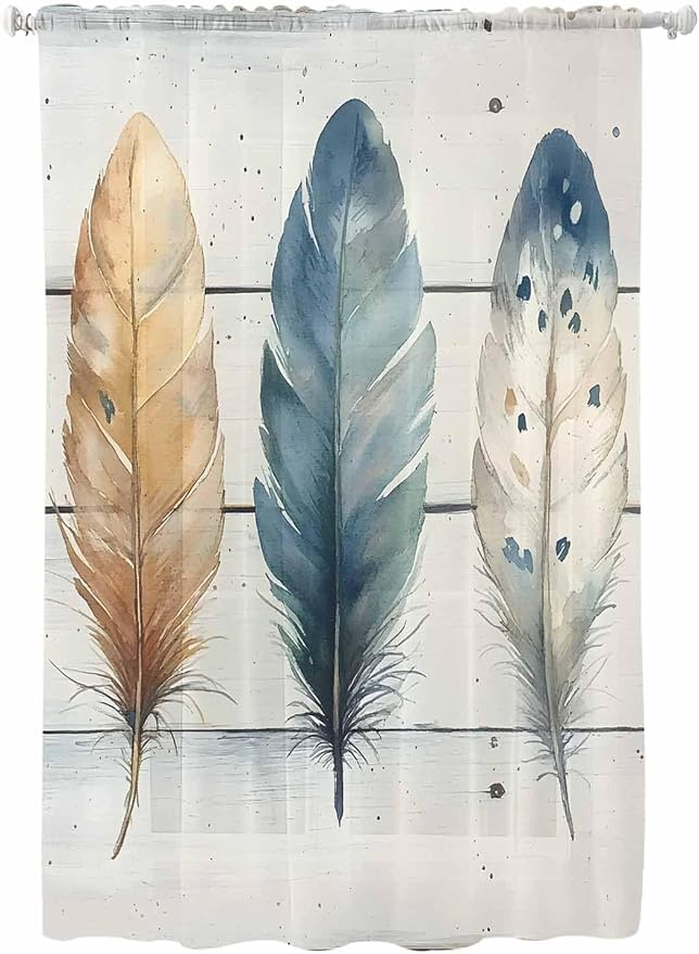 Sheer Curtains 63 Inch Length, Boho Blue Feathers Semi Sheer Curtains Light by Unknown