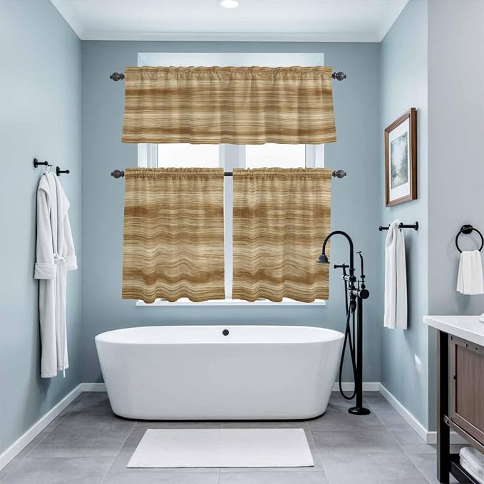 Kitchen Curtains Tiers and Valance Set of 3, Light Brown Wood Grain Light - Image 9