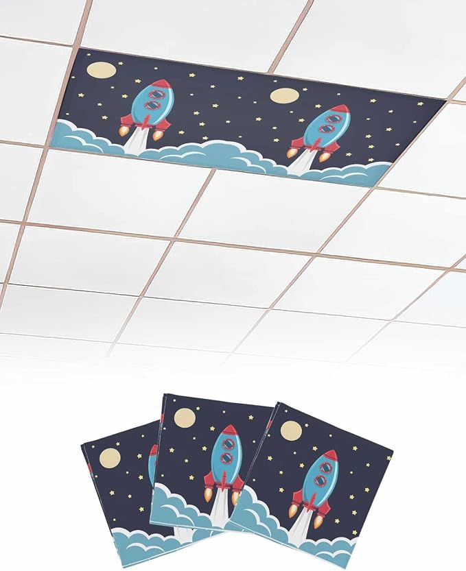 Yukro 3 Pack Cute Cartoon Fluorescent Light Covers Rocket Moon Stars Night Sky by Unknown