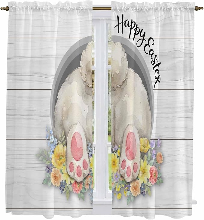 Easter Bunny Window Curtains 63 Inch Long 2 Panel Set, Rod Pocket Bedroom - Image 2