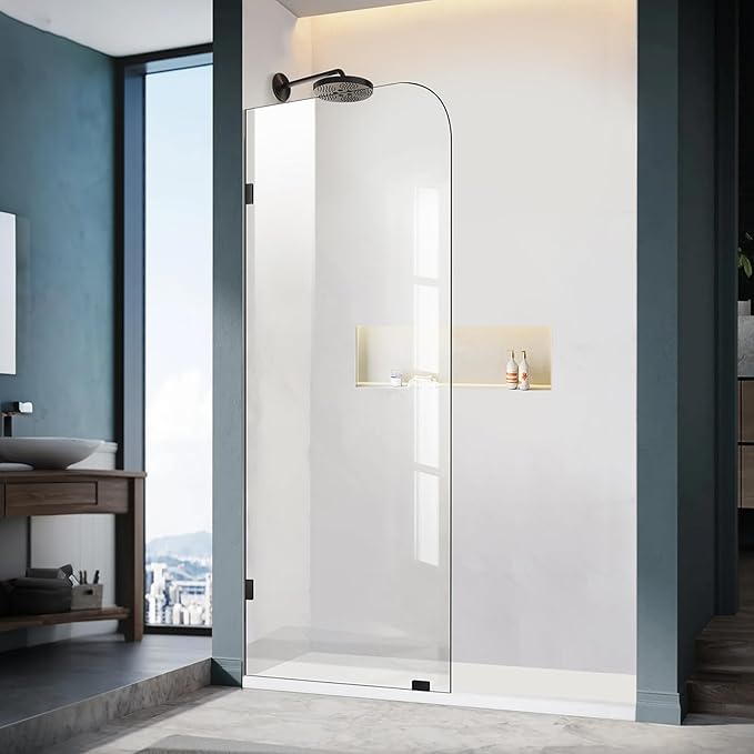 Frameless Shower Door, 26" W ×78" H Fixed Shower Glass Panel with Clamps, 3/8" (10mm) Glass Shower Doors, Clear Tempered Bathroom Shower Panel in Matte Black