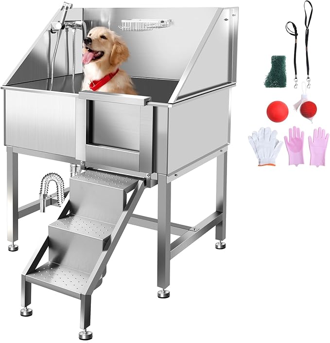 38" Stainless Steel Dog Cat Pet Grooming Bath Tub (w/Faucet, Sprayer, Shampoo Rack),Right Door
