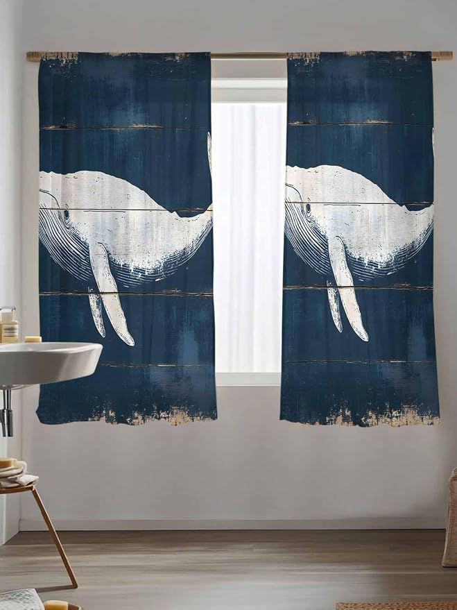 Sheer Curtains 72 Inches Long, Ocean Whale Blue Semi Sheer Curtains Light - Image 5