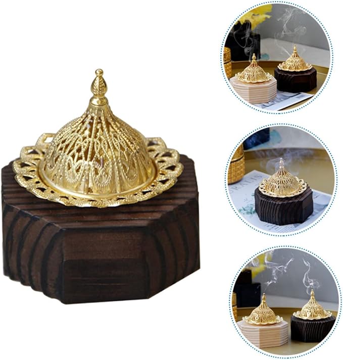 Cabilock Desktop Incense Burner Black Wooden Censer Metal Trim Octagonal Design - Image 7
