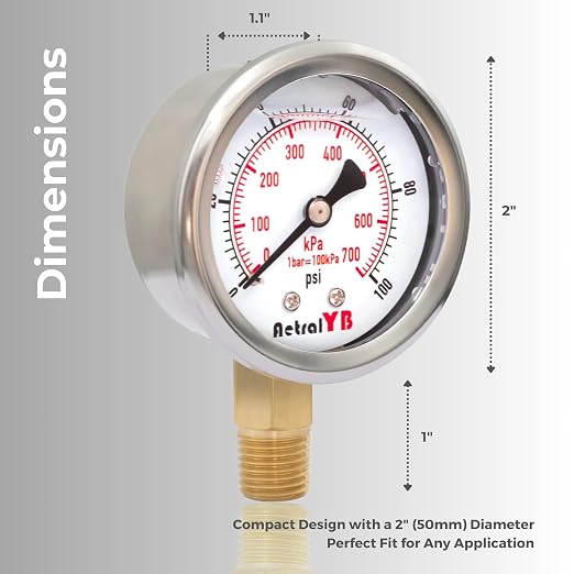 Glycerin-Filled Pressure Gauge, Brass Internal 2-Inch Gauge, Stainless Steel - Image 4
