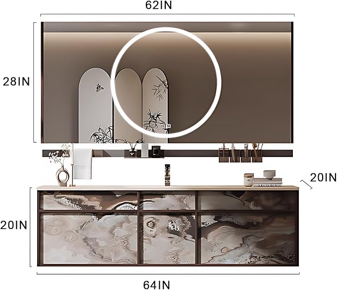 64IN Modern Bathroom Vanity with Sink - Bathroom Vanity with 2 Drawer Organizer, LED Mirror Lights & Defogging Function | Wall - Mounted Vanity with Silver Sink Faucet