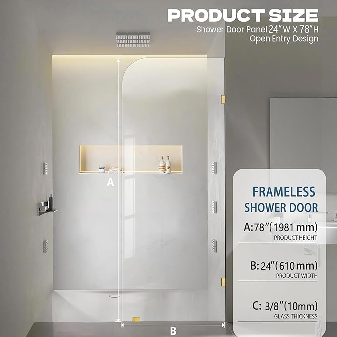 Bathroom Shower Door, 24" W ×78" H Fixed Shower Glass Panel with Clamps, 3/8" (10mm) Glass Shower Doors, Clear Tempered Frameless Shower Panel in Brushed Gold