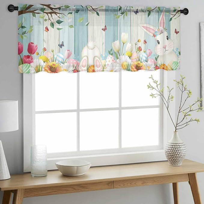 Easter Sheer Valances for Windows 60"x18", Light Filtering Kitchen Curtains - Image 2