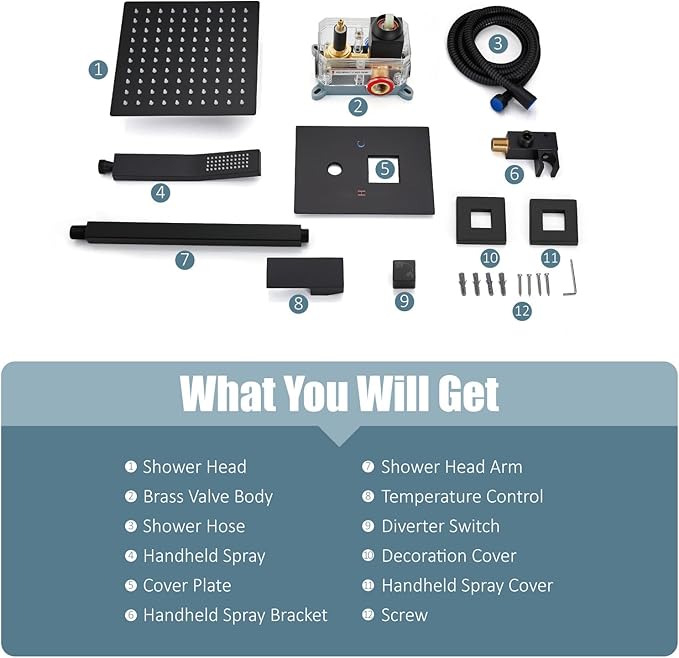 Aolemi Ceiling Mount Shower System Rain Shower Head with Handheld Spray High Pressure Shower Faucet Set Rough-in Valve Shower Trim Kit Included Bathroom Matte Black 12 Inch Ceiling Shower Head