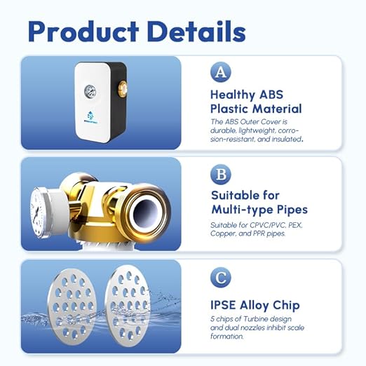 Upgraded Salt Free Water Descaler with Pressure Gauge丨26.4GPM Whole House Water Softener System丨1-Inch NPT Water Heater Descaler丨Prevent Scale Built Up On Water Heaters丨10-Year Durability