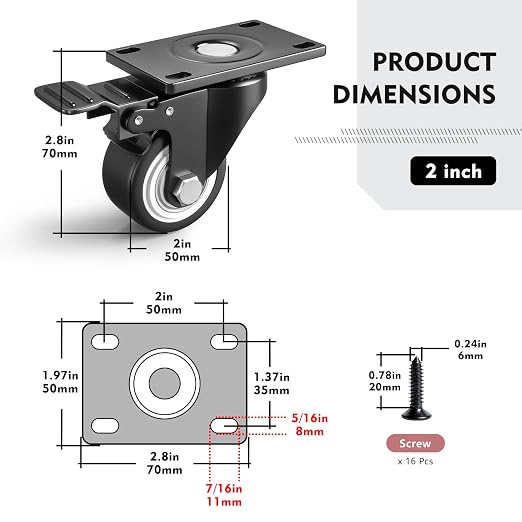 2 Inch Caster Wheels, Casters Set of 4 Heavy Duty - Image 2