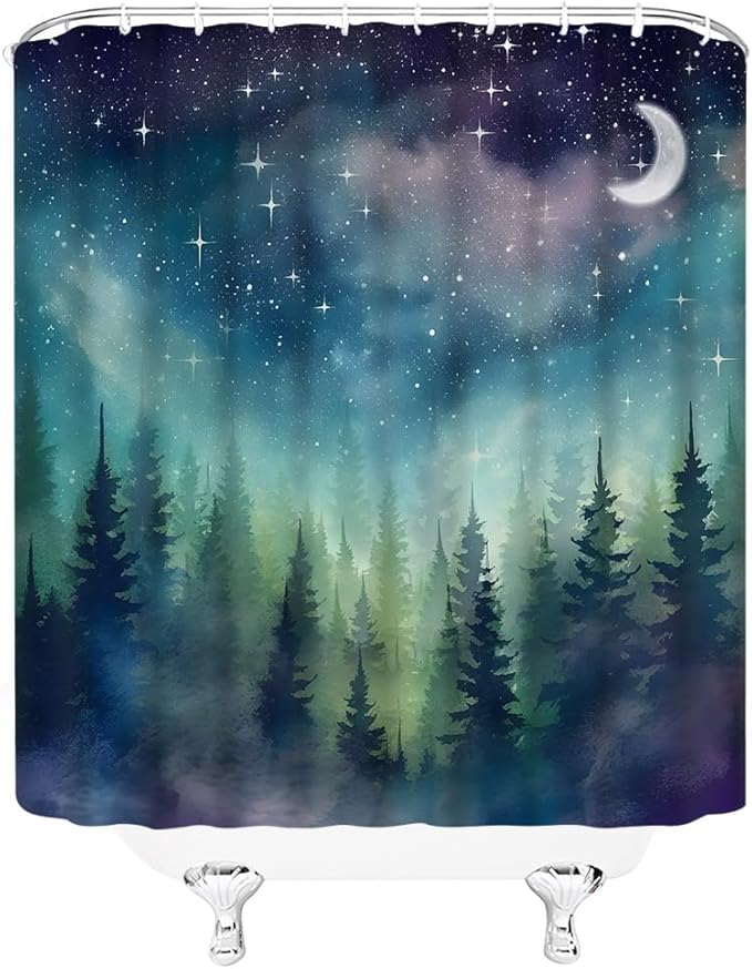 Forest Moon Shower Curtain Watercolor Misty Forest Fantasy Starry Sky Galaxy Nature Gothic Scenery Abstract Outdoor Bathroom Decor Curtains with Hooks, Purple 70" L x 47" W